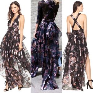 Milly Angie Plunging Floral Metallic Organza Gown